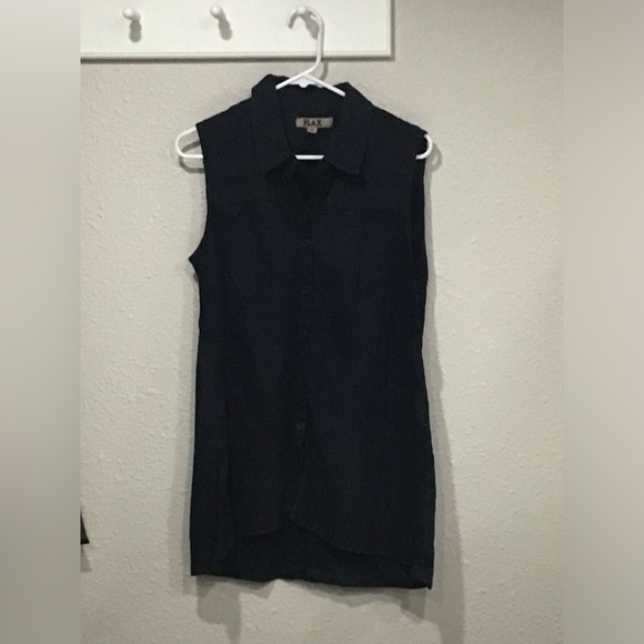 FLAX Women’s 100% Linen Sleeveless Button Tunic Top Navy Coastal Travel Small - Picture 1 of 4